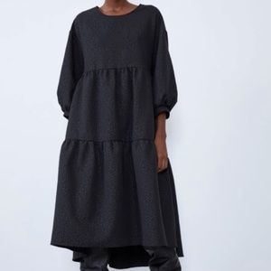 Zara Black Monochrome Jaquard Tiered Midi Dress with Animal Print Texture